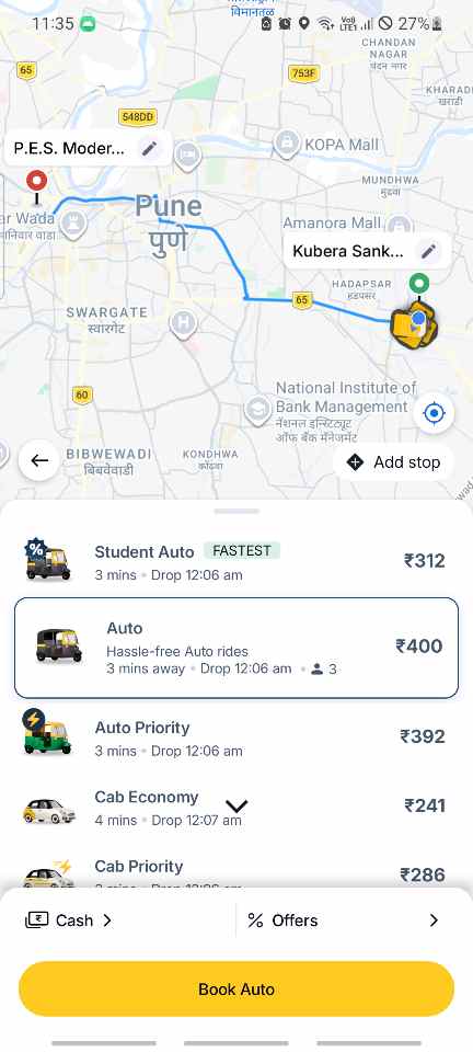 Rapido and Uber auto fare quote comparison screen